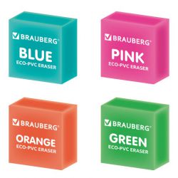Ластик BRAUBERG "E-Color", 28х28х12 мм, цвет НЕОН ассорти, экологичный ПВХ, 228065