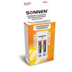 Зарядное устройство с аккумуляторами 2 шт. AAA (HR03), 1000 mAh, SONNEN BC2, в блистере, 455004