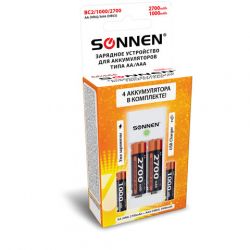 Зарядное устройство с аккумуляторами 4 шт. (2+2) AA+AAA (HR6+HR03), 2700 mAh + 1000 mAh, SONNEN BC2, 455005